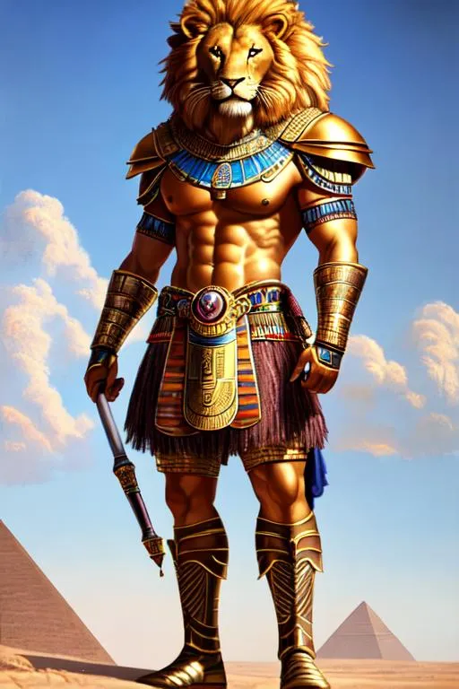 Prompt: oil painting, anthropomorphic lion, male, furry, warrior, ancient egypt, 8k, UHD,   bronze weapons, hieroglyphics art, hyperrealistic, photorealistic, beautiful art, furry art, full body picture, digital art,  hyperperfectionist, muscular, pharaoh, lion head, hyperdetailed full-body of a werelion in battle stance