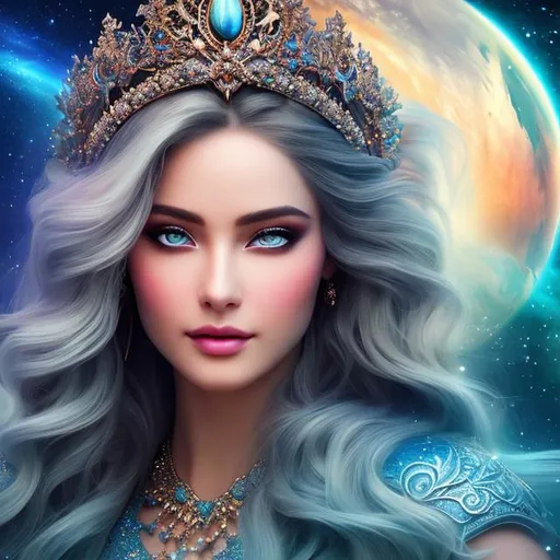 Prompt: create photograph of most beautiful fictional winter female goddess princes with most beautiful eyes, extremely detailed face, space and planets an nebulae in sky highly detailed, extremely detailed environment, extremely detailed background, intricate, extremely detailed skin, natural colors , professionally color graded, photorealism, 8k, realistic, moody lighting, ambience lighting