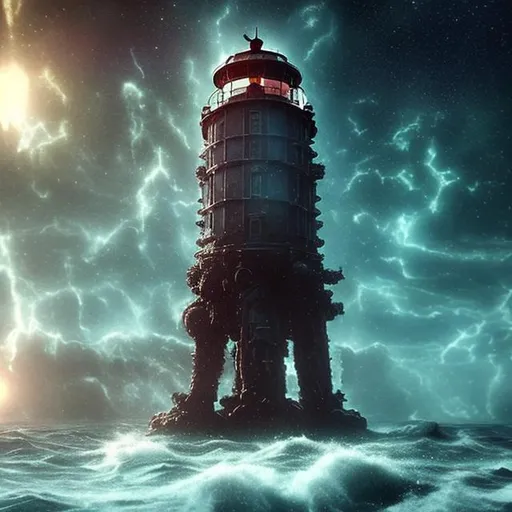 Prompt: Haunting lost space lighthouse in huge dangerous astral sea like the tardis 