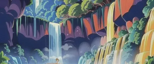 Prompt: Giant waterfall near lush jungles, DVD Screengrab from Walt Disney Animation Studios 1991 movie
