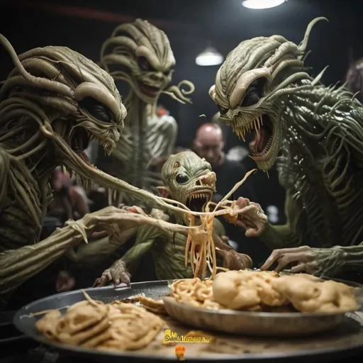 Prompt: Nightmare aliens eating a man