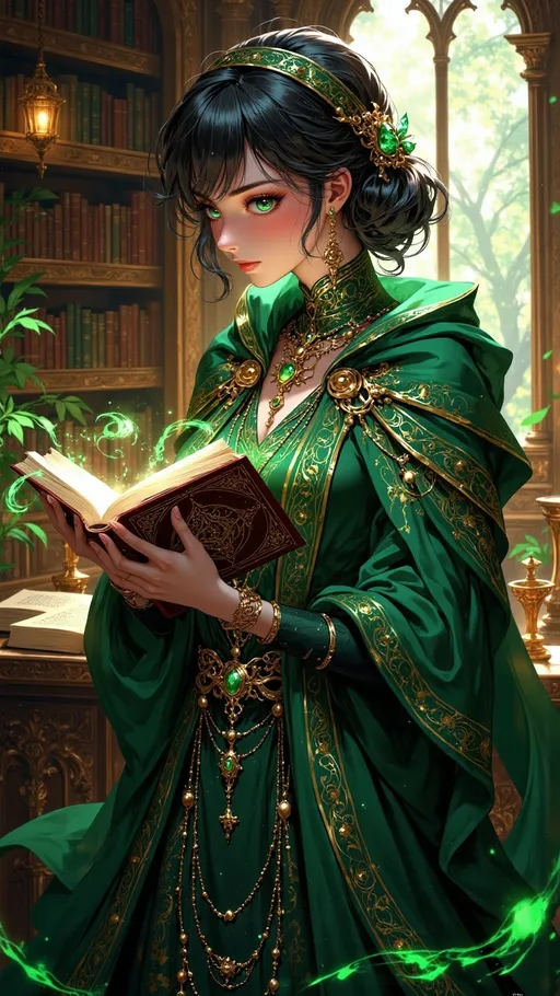 Prompt: ((short teen female)) as a ((magical scholar)) with ((short black hair)), green eyes, dressed in ornate entirely green layered textured scholar gear, left hand holding ((magical spell book)). she is reading a book

sunny skies, high contrast lighting, ((wide length camera)), long distance , long shot, left side angle, wide depth of field. film grain, film textures. 

Overall feeling of rebirth. The background is a high detailed library. green magic aura.