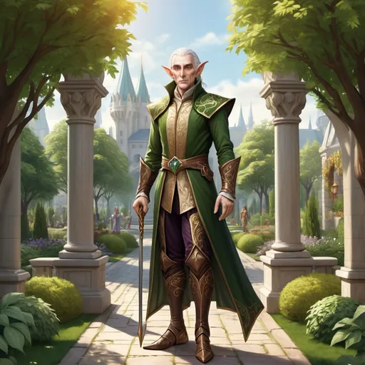 Prompt: Full body, Fantasy illustration of a elder elf gentlemen, handsome, wearing fancy medivial garment, inscrutable expression, high quality, rpg-fantasy, detailed, city garden background