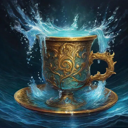 Prompt: magical cup overflowing with water, waves, sea, glowing, magic, dark, highly detailed, engraved,  dungeons and dragons, magic the gathering, fantasy art, fantasy, wizard,, concept art, , artstation, award winning, painting, watercolor, 