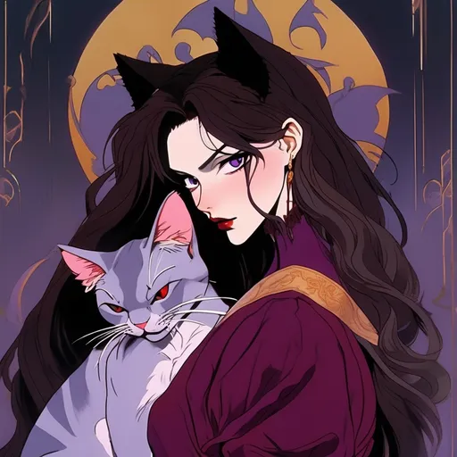 Prompt: fair skin tone, moody background, beautiful woman, innocent, hot, long dark brown hair, purple eyes, dark red lips, gothic, victorian,  vacant stare, cat ears, cat tail, dynamic pose, mentally unstable, detailed facial features, dark lighting, 90s anime, 80s anime, anime screencap, cartoon, 2d art, romance novel cover, anime art style, castlevania anime, beserk anime
