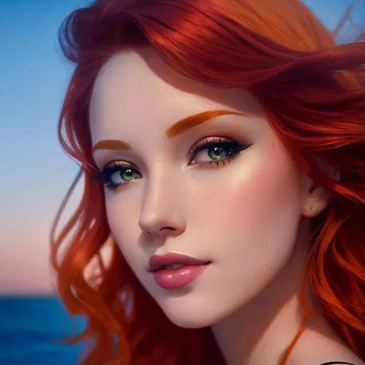 Prompt: a beautiful mermaid with pale skin and orange hair  and lips, 4k,  facial closeup



