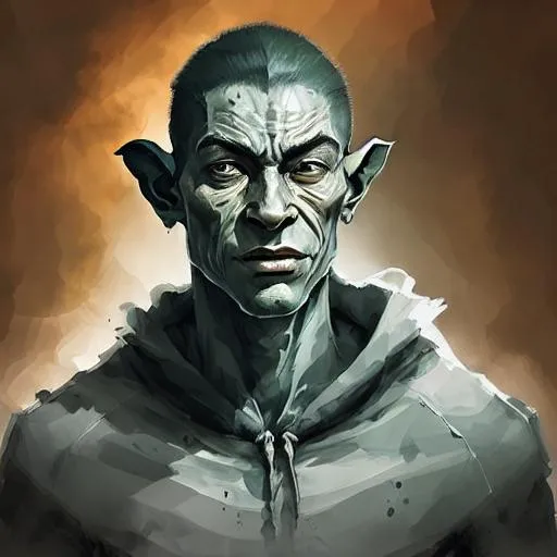 Prompt: an oil portrait of a young orcish man, around 19 with a scarred face and one blind eye. his hair is black and slicked back against his skull and he has a short beard. He has a pair of tusks and pointed elf like ears