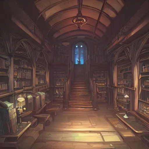 Prompt: Fantasy style, house interior, old, lots of bookcases, lots of dark wood, seemingly library like, huge set of stairs, dark ambience
