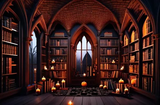 Prompt: cosy gothic library interior with  books on shelves, windows viewing the sun set during halloween with skulls

