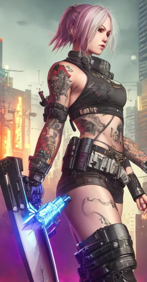 Prompt: Beautiful cyberpunk female with tattoos, apocalyptic, swords, guns, fire, anatomical, dark, gothic