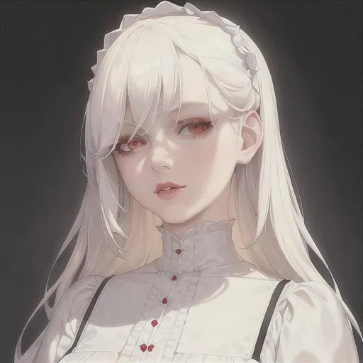 Prompt: (masterpiece, illustration, best quality:1.2), white skin, cold face, detailed eyes, Victorian style, pixie hair style, white hair, devilish like white eyes, wearing thin red nightgown, best quality face, best quality, best quality skin, best quality eyes, best quality lips, ultra-detailed eyes, ultra-detailed hair, ultra-detailed, illustration, colorful, soft glow, 1 girl
