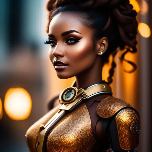 Prompt: Please produce a photograph of a steampunk robotic beautiful female android, brown skin, with fantasy colors, flashy lights, daylight background, high quality, trending art, trending on artstation, sharp focus, studio photo, intricate details, highly detailed, UHD, HDR, 8K, ((Masterpiece))