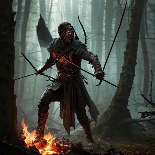 Prompt: olpntng style, male archer, bow, hodded, black robe, mist, dark forest, cloth mask, red eyes, powerful, night, campfire, mordor fantasy, masterpice, light, expert, insanely detailed, 4k resolution, john william waterhouse, charlie bowater

, oil painting, heavy strokes, paint dripping