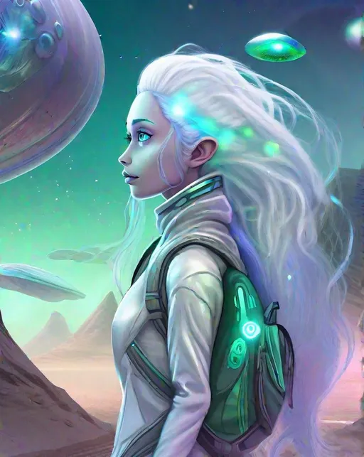 Prompt: A majestic alien traveler gazing thoughtfully at a strange, alien landscape. She has light blue skin with delicate markings, large emerald eyes, and long flowing silver hair that seems to float around her. Her clothing appears iridescent and holographic, shimmering with rainbow light effects. She wears a futuristic backpack and carries high-tech equipment for recording her intergalactic travels. Her expression conveys a sense of longing and curiosity as she observes the alien flora and crystalline rock formations under lavender skies. A warm sunset glow highlights her face and figure. By Android Jones in a style combining fantasy and science fiction art. ((Crystalline alien landscape)) ((Iridescent clothing))