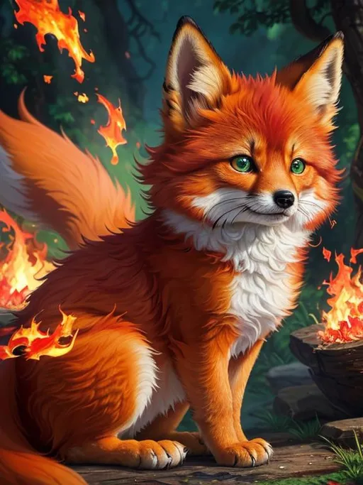 Prompt: masterpiece, professional oil painting, epic digital art, 64k, best quality, tiny scarlet ((fox kit)), (canine quadruped), fire elemental, silky golden-red fur, highly detailed fur, timid, ((insanely detailed alert emerald green eyes, sharp focus eyes)), sharp details, gorgeous 8k eyes, insanely beautiful, extremely beautiful, fluffy glistening gold neck ruff, energetic, two tails, (plump), fluffy chest, enchanted, magical, finely detailed fur, hyper detailed fur, (soft silky insanely detailed fur), presenting magical jewel, beaming sunlight, lying in flowery meadow, professional, symmetric, golden ratio, unreal engine, depth, volumetric lighting, rich oil medium, (brilliant dawn), full body focus, beautifully detailed background, cinematic, 64K, UHD, intricate detail, high quality, high detail, masterpiece, intricate facial detail, high quality, detailed face, intricate quality, intricate eye detail, highly detailed, high resolution scan, intricate detailed, highly detailed face, very detailed, high resolution