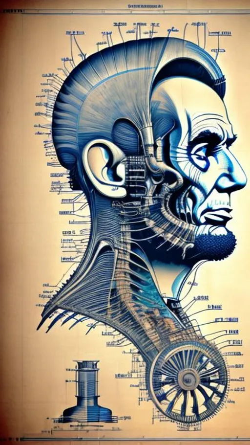 Prompt: technical drawing blueprint Futurism art style infographics exploded view of  biomechanical face and beard of abraham lincoln by hr giger  retro, infographics, marginalia, detailed exploded view, 1950's popular mechanics poster, retrofuturistic, cross-section, internal workings 
