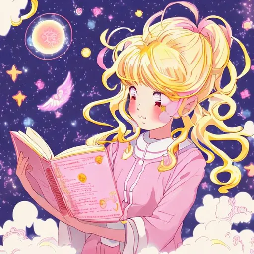 Prompt: an anime illustration of a celestial girl with pink and yellow hair reading a pink book 