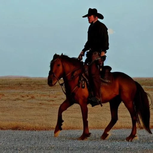 Prompt: A outlaw riding into the sunset
