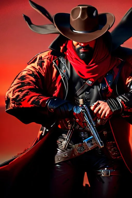 Prompt: Cyber Cowboy with 4 Arms, fiery red Poncho, Dressed in black duster and Stetson Cowboy Hat, with Red Sunglasses, Haunting Presence, Photorealism, Hyperrealism, Intricately Detailed, Hyperdetailed, Desert Wild West Landscape, Dusty Midnight Lighting, Filmic, Movie Quality, 8K Resolution, Wild West Feel