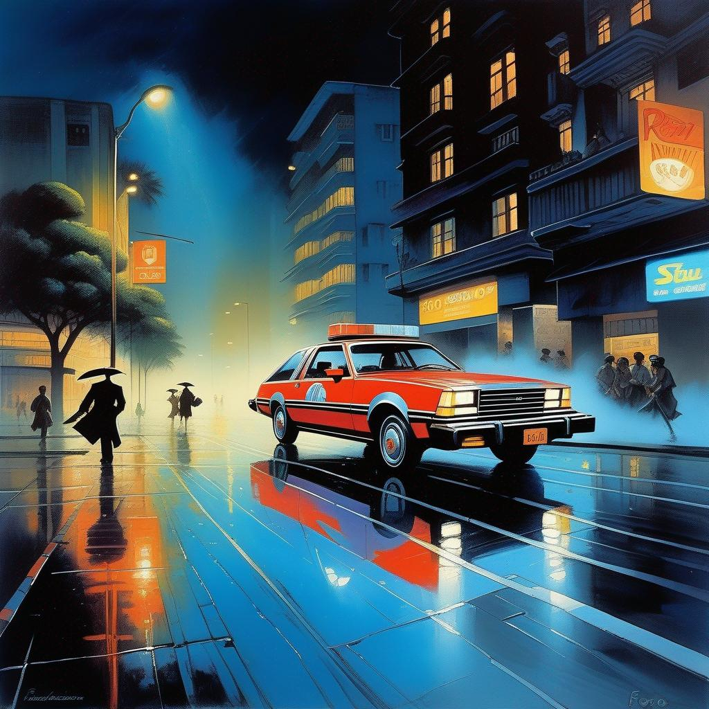 1980s, downtown São Paulo at night, car chase, rain,...