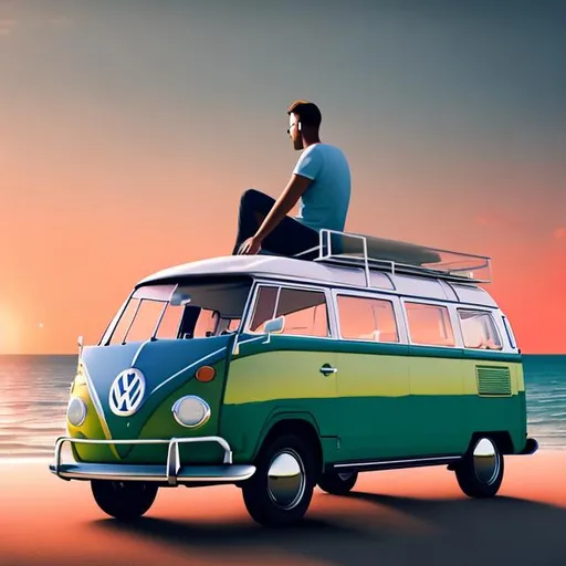 Prompt: Man sat on the roof of Volkswagen Type 2 looking at the sunset on a beach, HD, 4K, Retro Theme, Vibrant colours 
