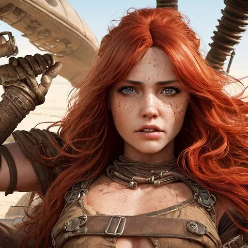 Prompt: ((best quality)), ((masterpiece)), ((realistic)), hd octane render, masterpiece face, intricate hyperdetailed best quality  girl from madmax, cinematic shot, upper body, centered, 80mm lens, perfect angle ,dynamic pose, hyperdetailed madmax car interior, long hair, fluffy , red hair ,madmax styled wear, hyperdetailed, hyperdetailed face, gloss lips, (detailed beautiful blue eyes, detailed mouth and lip, detailed face, expressive), cinematic lighting, volumetric lighting, studio lighting, neon light, global illumination, reflection, neon reflection, soft shadow,depth of field:0. 4, blur, bloom:0. 2), contrast, vivid color, (Detailed, ultra detailed, finest detail, intricate),