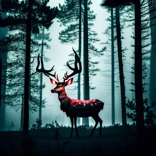 Prompt: red mystical deer in a sinister dark forest with massive fog