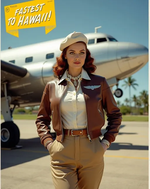 Prompt: Staged (Magazine cover) with yellow banner and (white lettering that reads "Skye Weatherly Fastest to Hawaii!"), Stunningly beautiful (famed aviatrix Skye Weatherly), standing with heroic confidence at the Honolulu Airport in front of a silver metallic Douglas DC-3. Her buxom curvy figure is showcased in a (brown leather bomber jacket) with silver wing insignia, (white silk blouse), (khaki slacks), and (tan leather boots & gloves), a (jauntily worn white beret) & (flower lei) contrasts against her silky Auburn hair. Burbank airport on a (sunny Hawaii day), vibrant blue skies, palm trees gently swaying in the background, 8K resolution, ultra-detailed, high-quality image, capturing the essence of 1930s adventure and resilience.