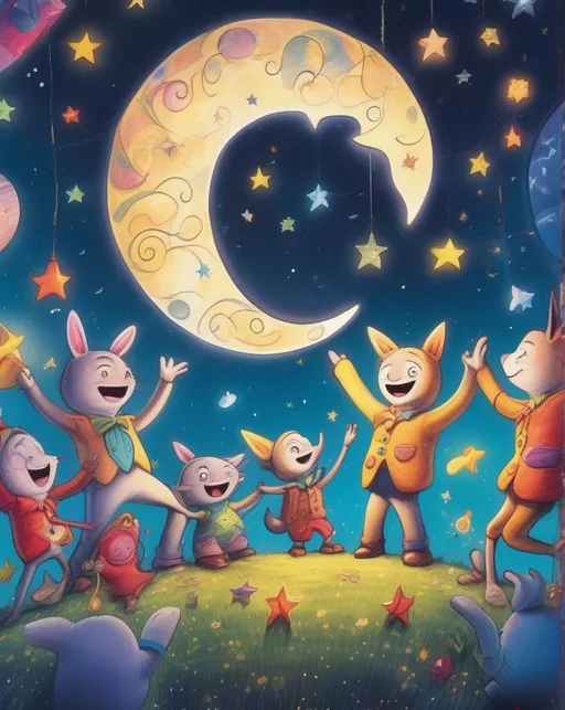 Prompt: A vibrant fantasy picture book scene of anthropomorphic moon characters celebrating under a starry night sky, with brightly colored moon-themed decorations. Shot with a fisheye lens on a Fuji X-T4 for a fun perspective. The mood is lively, magical, birthday. In the style of children's book illustration.