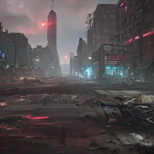 Prompt: Destroyed city with sign saying welcome to raccoon city