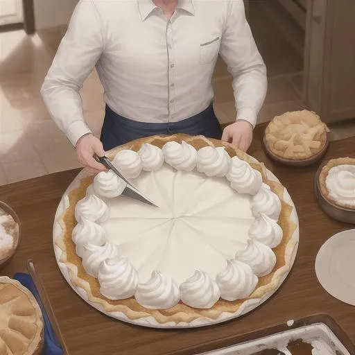 Prompt: Cutting pie on the table, Gentlemen has baking a cream pie for his son, cream pie on the table in the room, father and his son, best quality