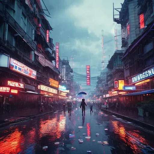 Prompt: Disrupting daily scene, realistic character, details, epic scene, realistic, photo, cinematic, floating lights, a bit of neon, diffusion, umbrellas in the sky, blurred daylight, reflective wet ground, hanging umbrellas, moody sky