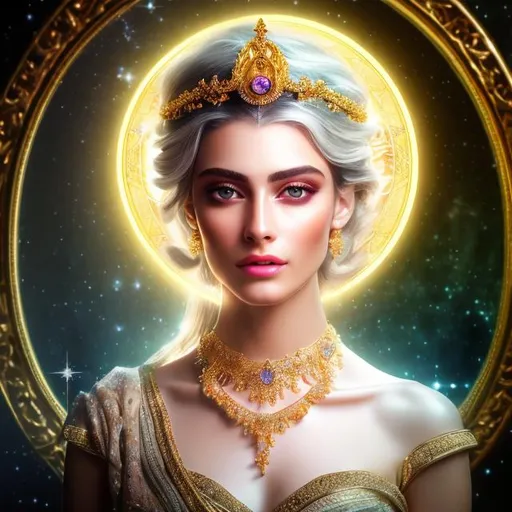 Prompt: HD 4k 3D 8k professional modeling photo hyper realistic beautiful woman ethereal greek goddess of bright intellect and sight
white hair light eyes gorgeous face pale skin gold shimmering dress jewelry and gold crown full body surrounded by magical glowing gold halo light hd landscape background religious temple and moon 