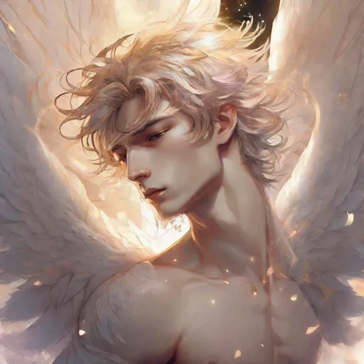 Prompt: anime portrait {nude male angel boy}, beautiful intricate {color} hair, shimmer in the air