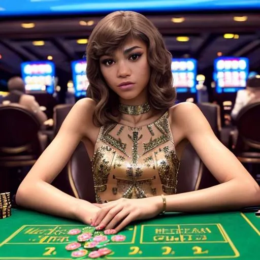 Prompt: wide shot of glamourous bitcoin billionaire played by zendaya at a macau casino playing texas holdem