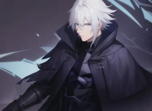 Prompt: A man with white hair and blue eyes and a black and blue cloak and black clothing underneath and blue markings, dark background, 4k, high quality