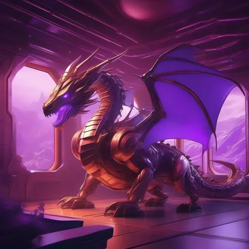 Prompt: Fantasy art of a huge robotic copper colored dragon in a purple futuristic room