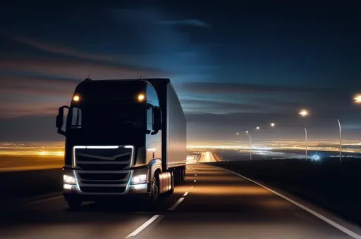 Prompt: Relaxing Truck Driving At Night, drive view.