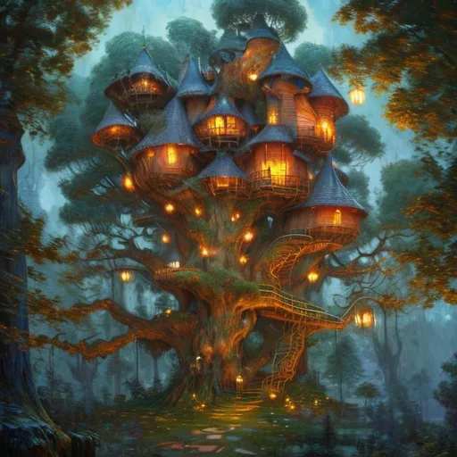 Prompt: magical treehouse with multiple trees, heavy brushstrokes, textured paint, impasto paint, intricate, cinematic lighting, oil painting, dramatic, 8k, trending on artstation, painting by Vittorio Matteo Corcos and Albert Lynch and Tom Roberts, Dreamy, stunning, by Jessica rossier, van Gogh, Thomas Wells Schaller, Enki Bilal, Harry Clark, James jean and Jean Baptiste monge. Extremely detailed and high definition. glossy shimmer. God's Ray. Beautifully lit."
