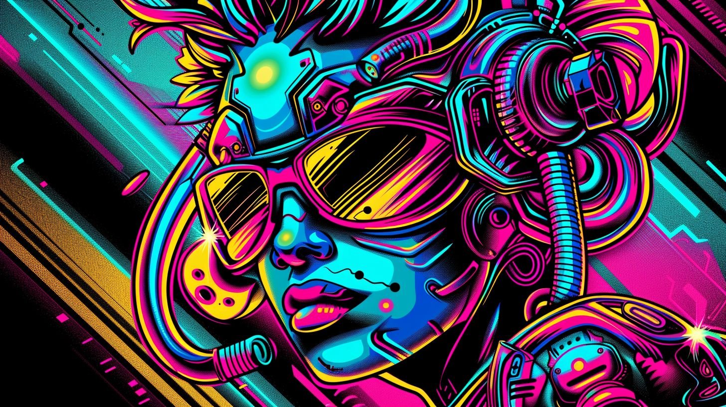 Prompt: Design a vibrant portrait of a futuristic animated character, emphasizing neon color contrasts, detailed facial features, and unique accessories. Incorporate a mysterious alphanumeric code somewhere in the image. --ar 16:9 --style raw --sref https://s.mj.run/E3Fjwe4kQmA --stylize 50