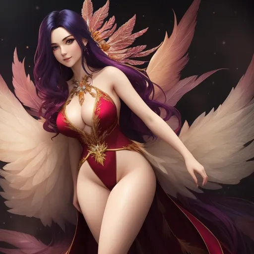 Prompt: ((crystal phoenix)), young, crystalized feathers, long hair, pale skin, large chest, mole under eye, fairy dress, grin, short girl, petite, thicc thighs, wide hips, huge bum, symmetrically colored hair, ((full body)) {{good looking}} {{cute}} {{good body}} {{tight}}, {{shadows}}, oblique