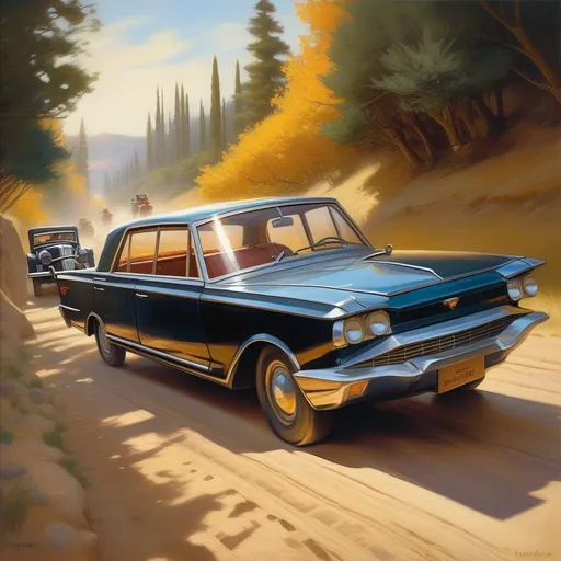 Prompt: Age of Empires II, car chase, sunny atmosphere, extremely detailed painting by Greg Rutkowski and by Henry Justice Ford and by Steve Henderson
