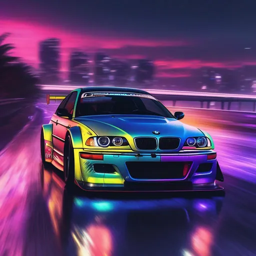 Prompt: 2001 BMW M3 E46 GTR, synthwave, aesthetic cyberpunk, miami, highway, dusk, neon lights, coastal highway, dusk, neon lights, coastal highway, sunset, drift, nurburgring, water on the road, blade runner, 8k, watercolor, macro sharp focus