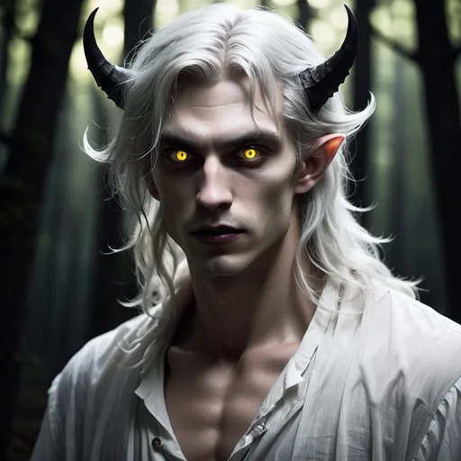 Prompt: A demon is standing in the dark forest, in the moonlight. He looks like a handsome, young man, but he has [very pale skin], [glowing yellow eyes], [extremely long, grey hair], [black lips] and [white, pointed fangs]. He is wearing a white peasant shirt.