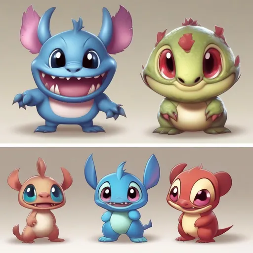Prompt: fakemons, 4 different little creatures similar in body type to the Disney character Stitch