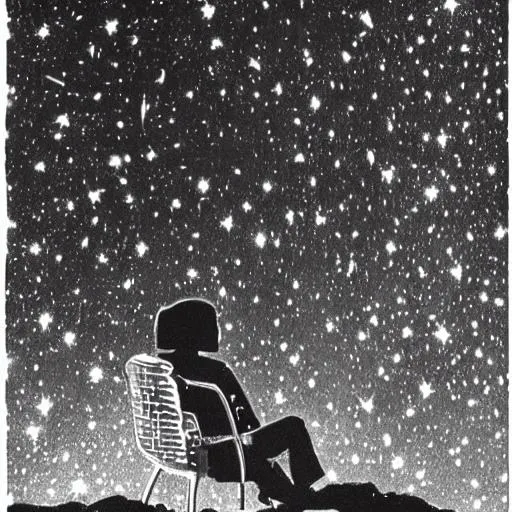 Prompt: In the quiet corners of the universe, a shadowy silhouette sits, perched upon the precipice of contemplation. As his gaze traverses the starlit tapestry above, he immerses himself in deep reflection. The weight of life's challenges bears upon him, prompting questions of risk and reward. Does he dare to embrace the unknown, casting aside the safety of familiarity? Craft an image or story that captures the essence of this mysterious figure, sitting in the foreground, silently grappling with the pivotal decision between the allure of uncharted paths and the comfort of the known, inviting viewers to ponder the enigmatic nature of life's choices.