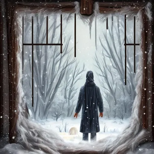 Prompt: ( Realistic photo, professional photo, oil painting) A tall scary slender figure with long arms outside of a warm wood cabin looking through the frosted window watching a happy family in side by a fire place on a cold snowy night
