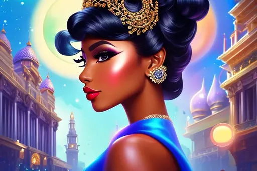 Prompt: head-on, surreal cartoon, high fashionista pose, glossy, walking toward viewer, stunning dark skinned queen of the universe with hair pulled back into a bun, she is dressed like a summer queen, dramatic jewelry, statement necklace, background is architecture lit by the moon,  trending on artstation