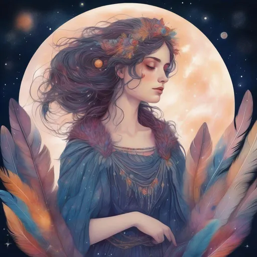 Prompt: Colourful and beautiful Persephone with owl feathers for hair, wearing a dress made of feathers, in a painted style framed by constellations and the moon in outer space