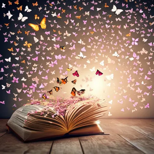 Prompt: butterflies swarming over a book

